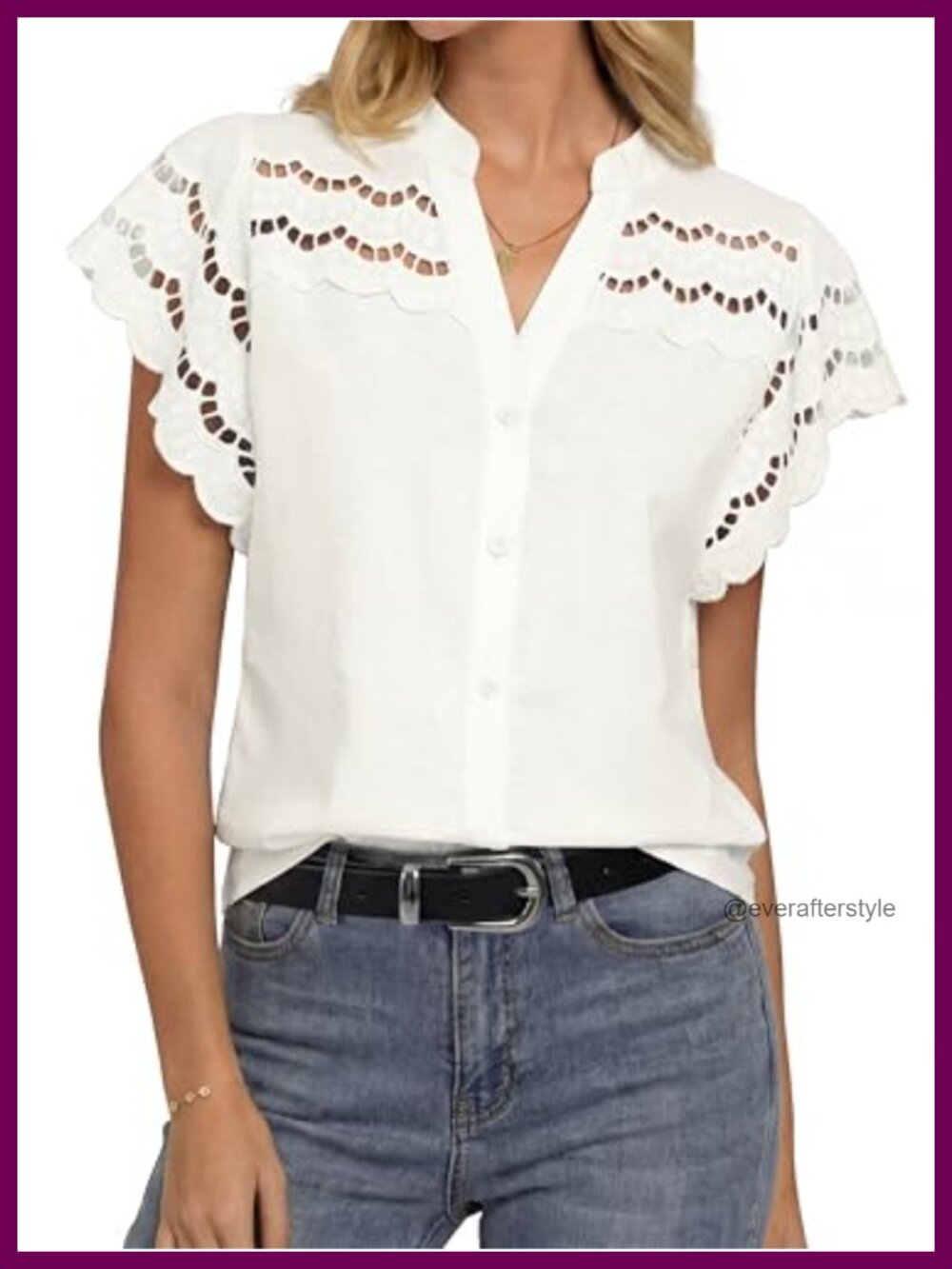 Womens Cotton Linen Eyelet Blouse Flowy V Neck Button Down Shirt